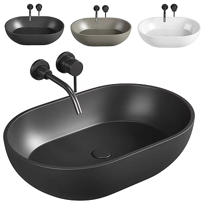 Black Oval Shaped Washbasin with Faucet and Small Washbasins in Different Colors Above 3d model