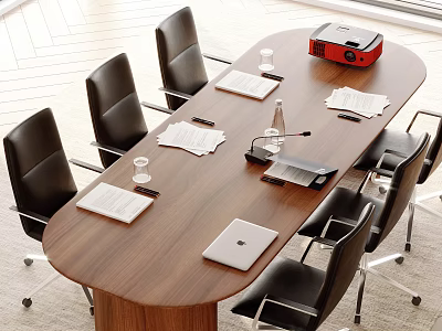 Oval Wooden Conference Table With Black Office Chairs Laptop Documents And Red Projector 3d model