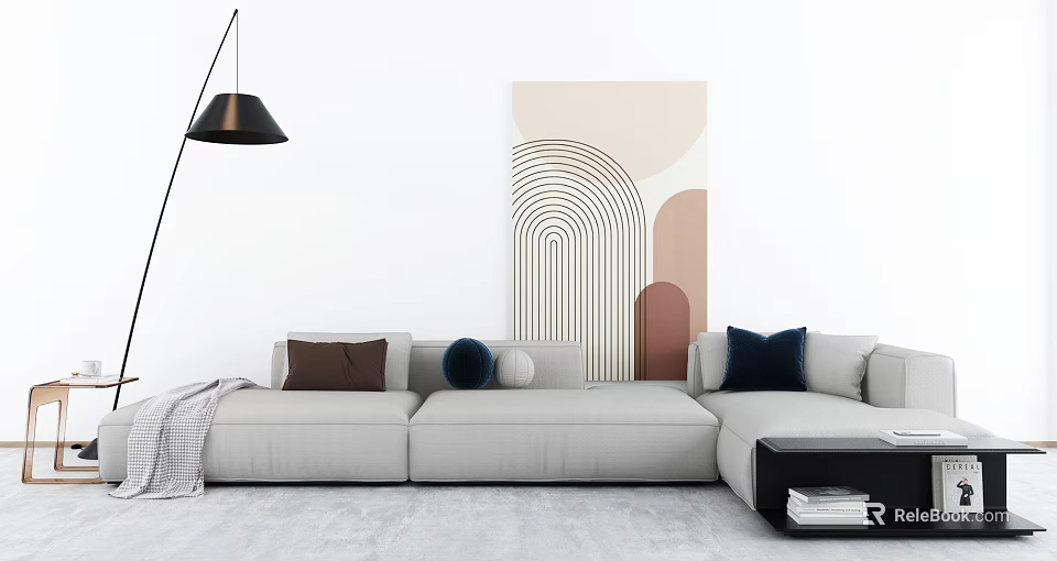 Light Gray Sectional Sofa With Brown Blue Cushions Black Floor Lamp Abstract Wall Art And Gray Concrete Floor 3d model 
