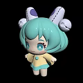 Cute Cartoon Creature 3D Model With Turquoise Hair Headphones Three Angles Yellow Blue Outfit