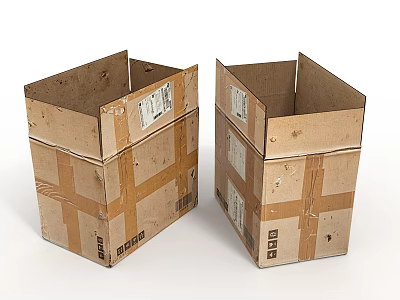 Two Stacked Brown Cardboard Boxes With Tape Labels And Barcodes 3d model