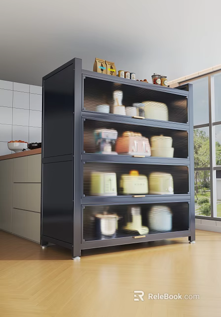 Modern Black Sideboard with Open Shelves Holding Ceramic Bowls and Jars in Kitchen 3d model 