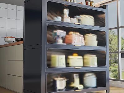 Modern Black Sideboard with Open Shelves Holding Ceramic Bowls and Jars in Kitchen 3d model