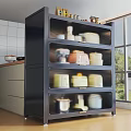 Modern Black Sideboard with Open Shelves Holding Ceramic Bowls and Jars in Kitchen