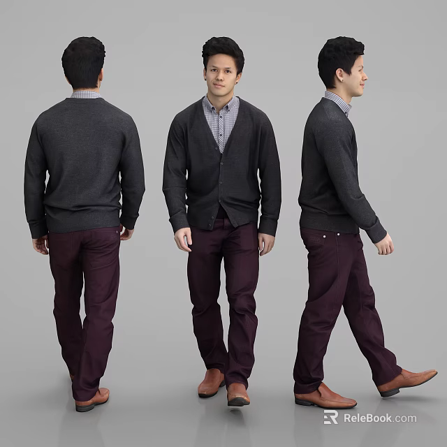Man Wearing Dark Cardigan Plaid Shirt Purple Pants And Brown Shoes In Three Angles 3d model 