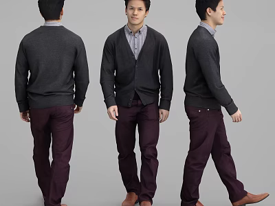 Man Wearing Dark Cardigan Plaid Shirt Purple Pants And Brown Shoes In Three Angles 3d model