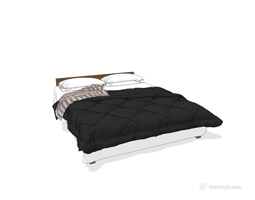 Double Bed with Black Diamond Pattern Comforter White Pillows and Striped Blanket 3d model 