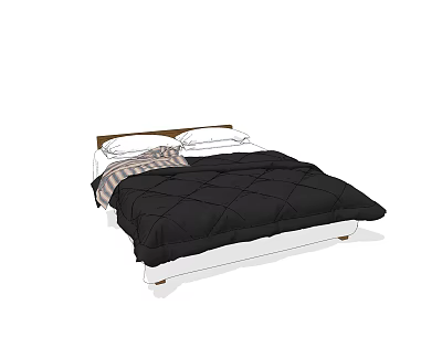 Double Bed with Black Diamond Pattern Comforter White Pillows and Striped Blanket 3d model