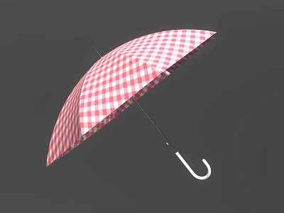 Red and White Checkered Umbrella with Classic Curved Handle Design 3d model