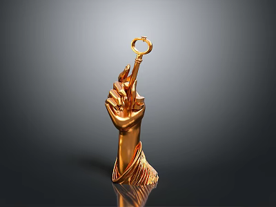 Golden Human Hand With Visible Hair Holding A Key In Golden Sculptural Form 3d model