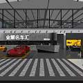 Indoor Car Showroom With Various Cars Parked Both Sides Central Lane And Ceiling Banners