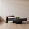 Modern Round Black Coffee Table With Gold Base And Green Apples On Wooden Floor