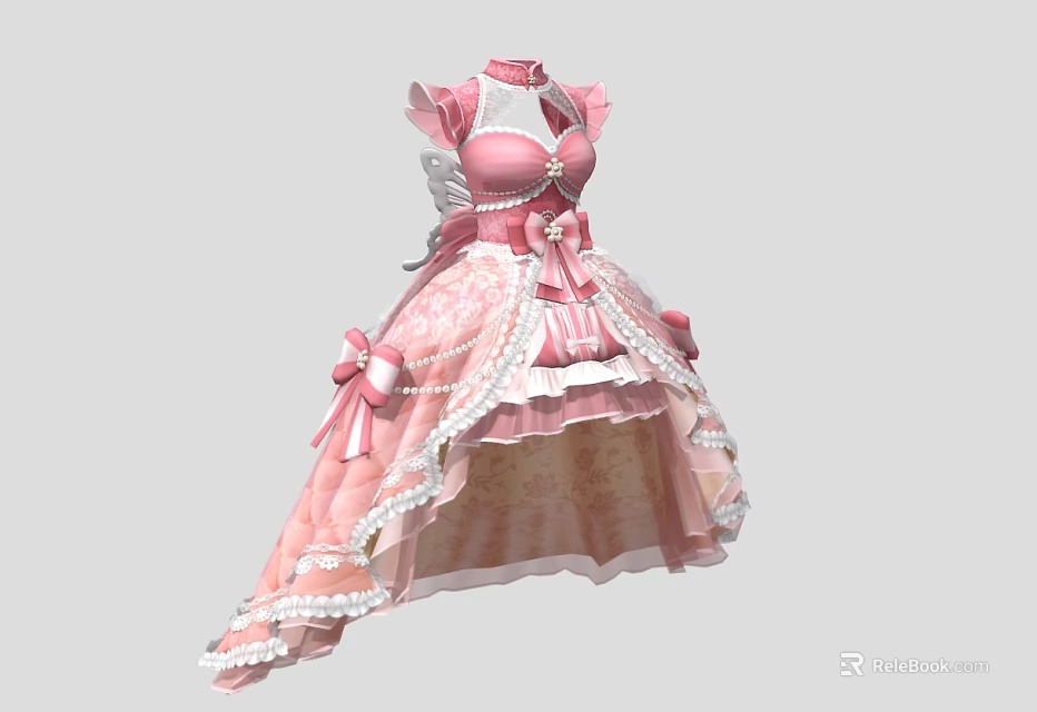 Pink Princess Dress With Bow Accents Lace Details And Layered Ruffles 3d model 