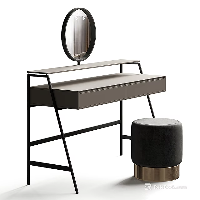 Modern Dressing Table With Black Metal Frame Gray Tabletop Round Mirror And Stool 3d model
