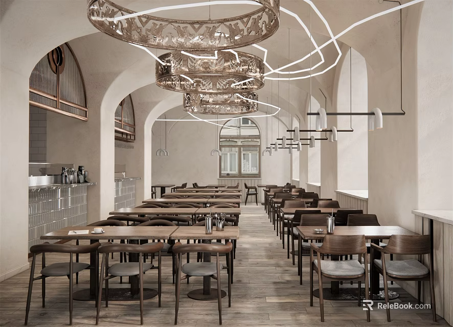 Modern Bar Interior Design With Arched Ceilings Wooden Tables And Pendant Lights 3d model 