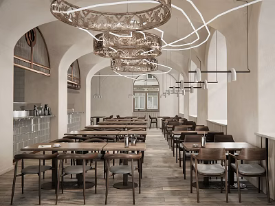 Modern Bar Interior Design With Arched Ceilings Wooden Tables And Pendant Lights 3d model