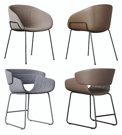 Modern Upholstered Leisure Chairs in Gray Brown Fabric with Metal Legs and Stitched Backrest Design 3d model