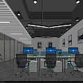 Modern Public Office Space With Multiple Computer Monitors Black Office Chairs And Wall Art 3d model