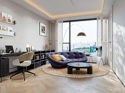 Modern Home Office Interior Design With Purple Sofa Round Rug Large Window And City View 3d model