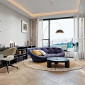 Modern Home Office Interior Design With Purple Sofa Round Rug Large Window And City View
