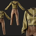 Stylish Green Ruffled Jacket With Brown Flared Pants Fashion Three Quarter Views Outfit
