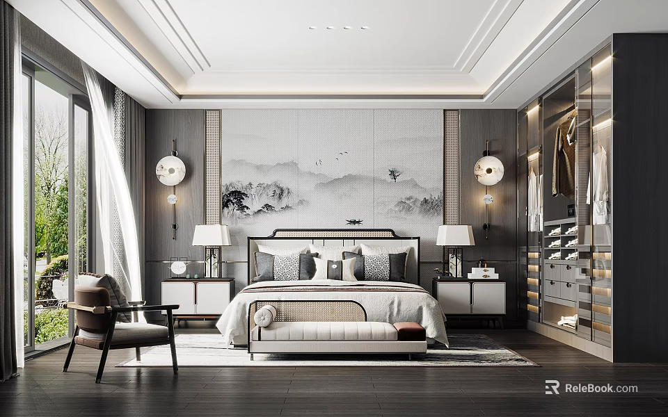 Elegant Bedroom Interior Design With Comfortable Bed Nightstands Lamps And Landscape Wall Art 3d model 