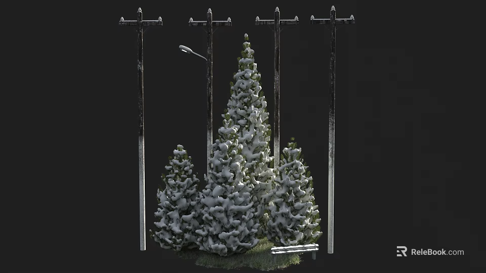 Outdoor Street Lights Illuminating Snow Covered Pine Trees And Utility Poles 3d model 