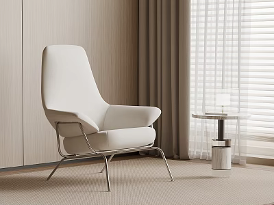 Modern Light Colored Lounge Chair With Metal Frame Wooden Wall Curtains And Side Table 3d model