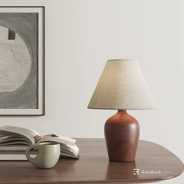 Stylish Table Lamp Brown Wooden Base Beige Shade On Desk Open Book Mug Cozy Reading 3d model 