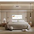 Cozy Beige Bedroom Interior With White Pillows Chandelier And Wooden Floor