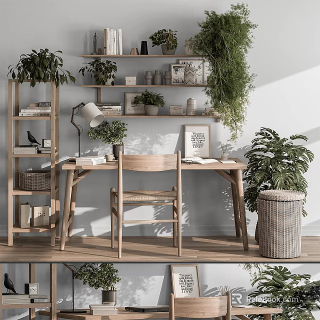 Scandinavian Wooden Desk Setup With Chair Lamp Books Potted Plants And Shelves 3d model 