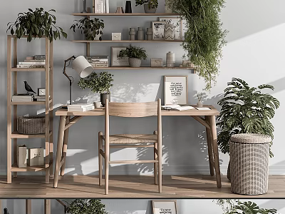 Scandinavian Wooden Desk Setup With Chair Lamp Books Potted Plants And Shelves 3d model