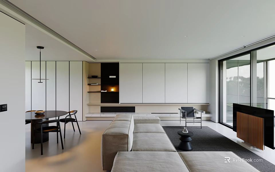 Modern Open Concept Living Dining Room With Beige Sofa Dining Table And Large Windows 3d model