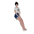 Woman Sitting On Floor With White T-shirt Blue Shorts And High Heels Black Background