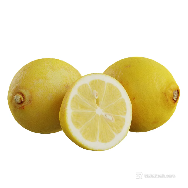 Fresh Yellow Lemons With Sliced Half Showing Inner Flesh And Seeds 3d model 
