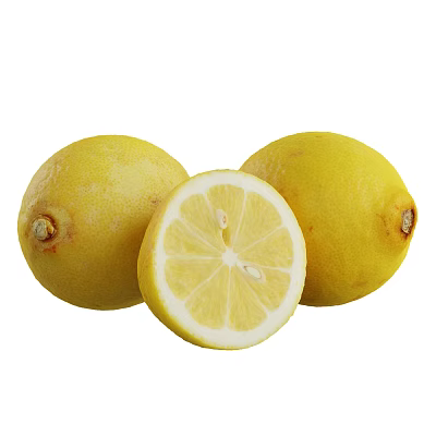 Fresh Yellow Lemons With Sliced Half Showing Inner Flesh And Seeds 3d model
