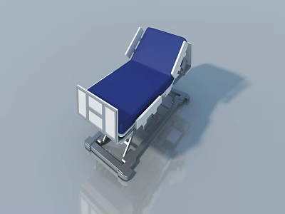 Medical Hospital Bed With Blue Mattress And White Metal Frame On Wheels 3d model