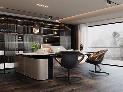 Modern Office Interior With Wooden Desk Ergonomic Chairs Green Plant Large Window And Trees Outside 3d model
