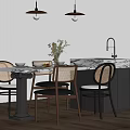 Modern Dining Table Set With Rattan Chairs Marble Countertop And Pendant Lights