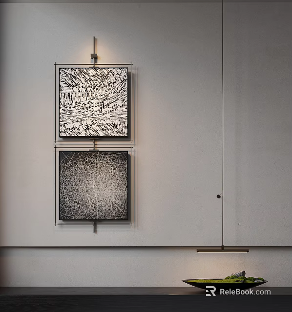Abstract Textured Paintings Hanging On White Wall With Framed Design And Black White Patterns 3d model 