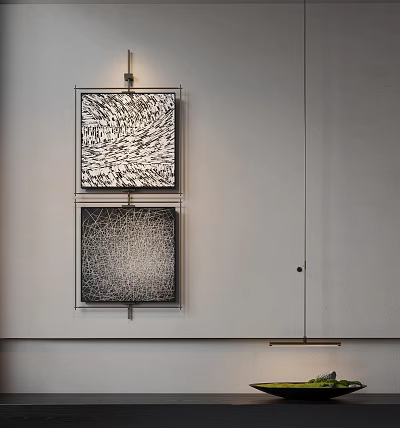 Abstract Textured Paintings Hanging On White Wall With Framed Design And Black White Patterns 3d model