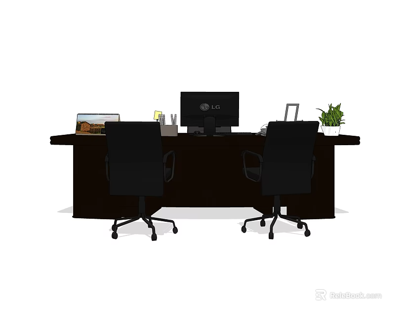 Contemporary Office Desk With Two Black Chairs Computer Monitor Stationery Photo Frame And Green Plant 3d model 