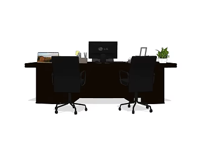 Contemporary Office Desk With Two Black Chairs Computer Monitor Stationery Photo Frame And Green Plant 3d model