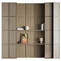 Wooden Decorative Cabinet With Grid Design Featuring Books Vase Painting And Table Lamp