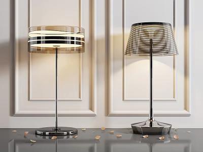 Modern Stylish Table Lamps With Striped Fabric Shades And Metal Geometric Bases 3d model