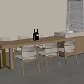Modern Minimalist Wooden Bar Counter with Wine Bottles Glasses Chairs Sink Cabinet Near Window Blinds