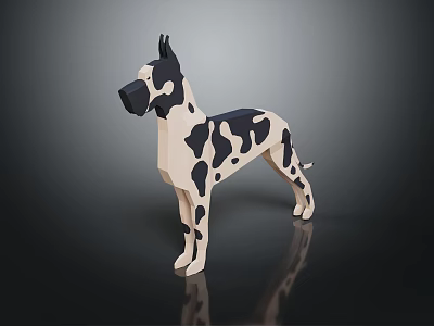 Low Poly 3D Dog Model with Black White Spots Standing on Dark Background 3d model