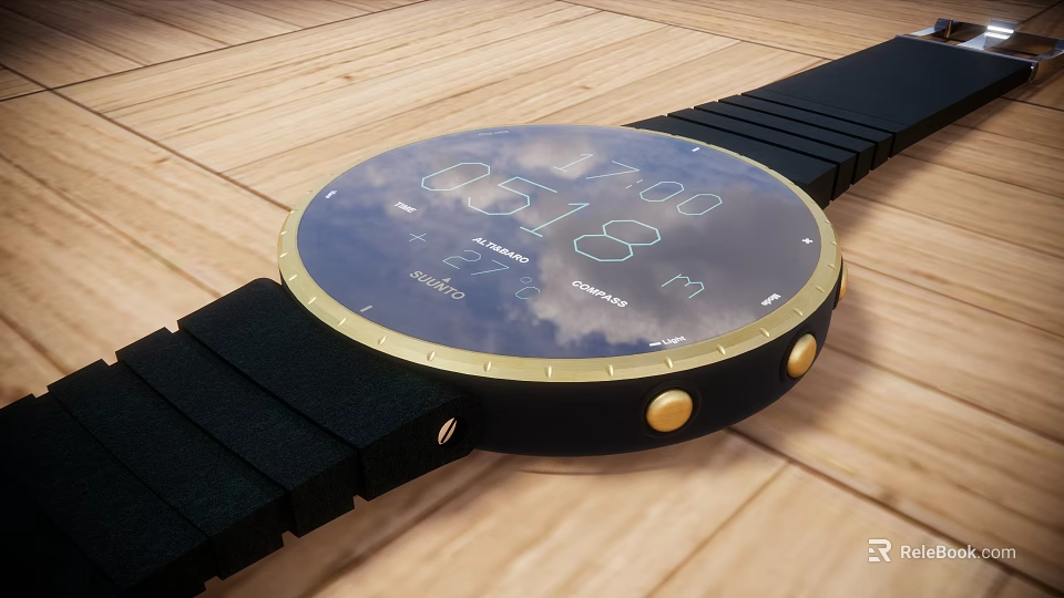 Modern Smartwatch Circular Dial Time Date Weather Display Black Strap Golden Bezel Wooden Background 3d model 