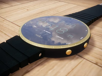 Modern Smartwatch Circular Dial Time Date Weather Display Black Strap Golden Bezel Wooden Background 3d model