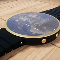 Modern Smartwatch Circular Dial Time Date Weather Display Black Strap Golden Bezel Wooden Background